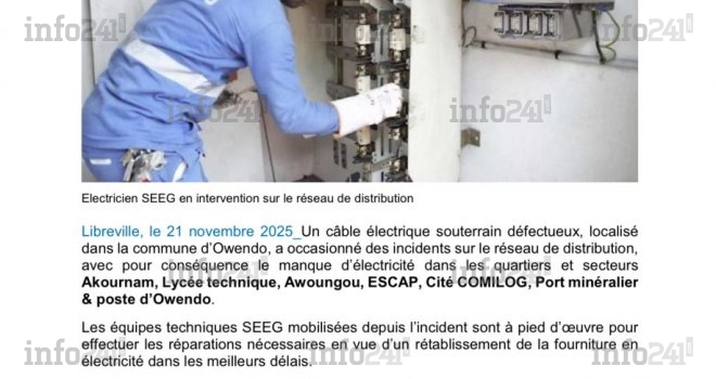 Owendo plongée dans le noir&nbsp;: la SEEG évoque un câble défectueux et tente de rassurer sa clientèle